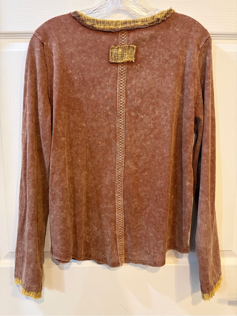 BNWT POL Solid Long Sleeve Round Neck Lace Trim Choco & Mustard Rib Knit Top - Picture 12 of 12